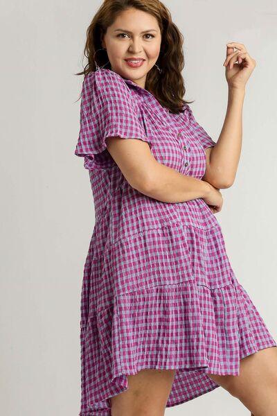 Umgee Full Size Gingham Tiered Button Detail Short Sleeve Dress Plus Size