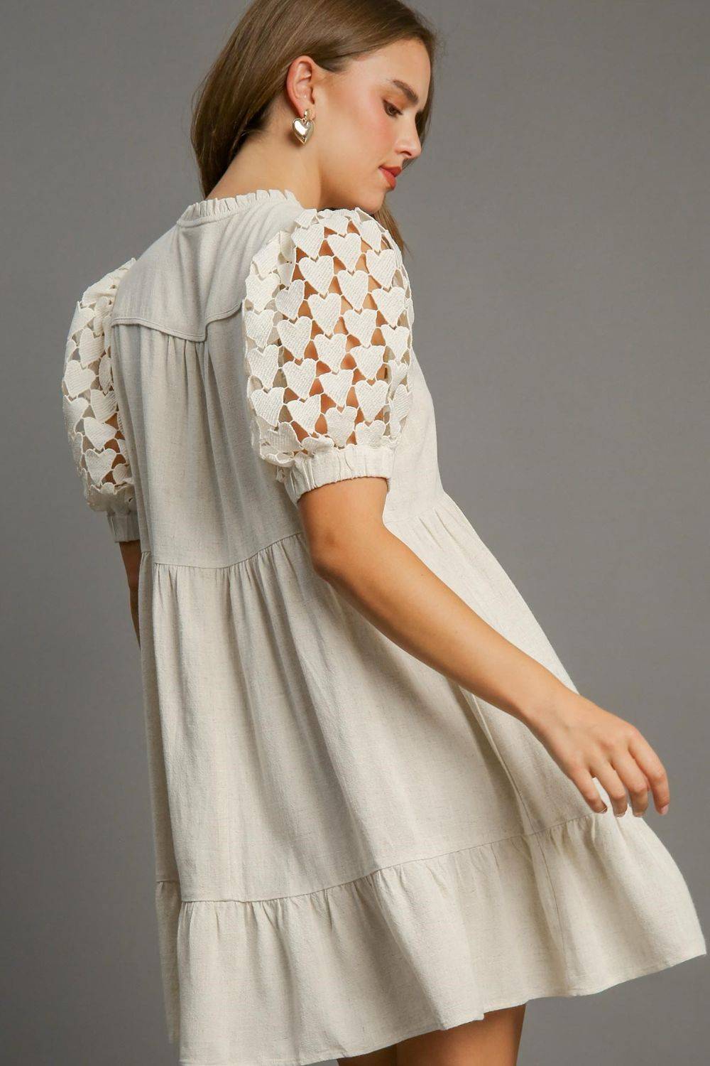 Umgee Full Size Ruffled Hem Heart Lace Sleeve Tie Neck Dress Plus Size - Clothes For Her Online Store