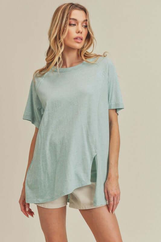 Aemi + Co Asymmetrical Front Slit Round Neck Raglan Sleeve T-Shirt