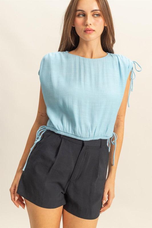 HYFVE Bubble Hem Side Tie Detail Round Neck Sleeveless Blouse