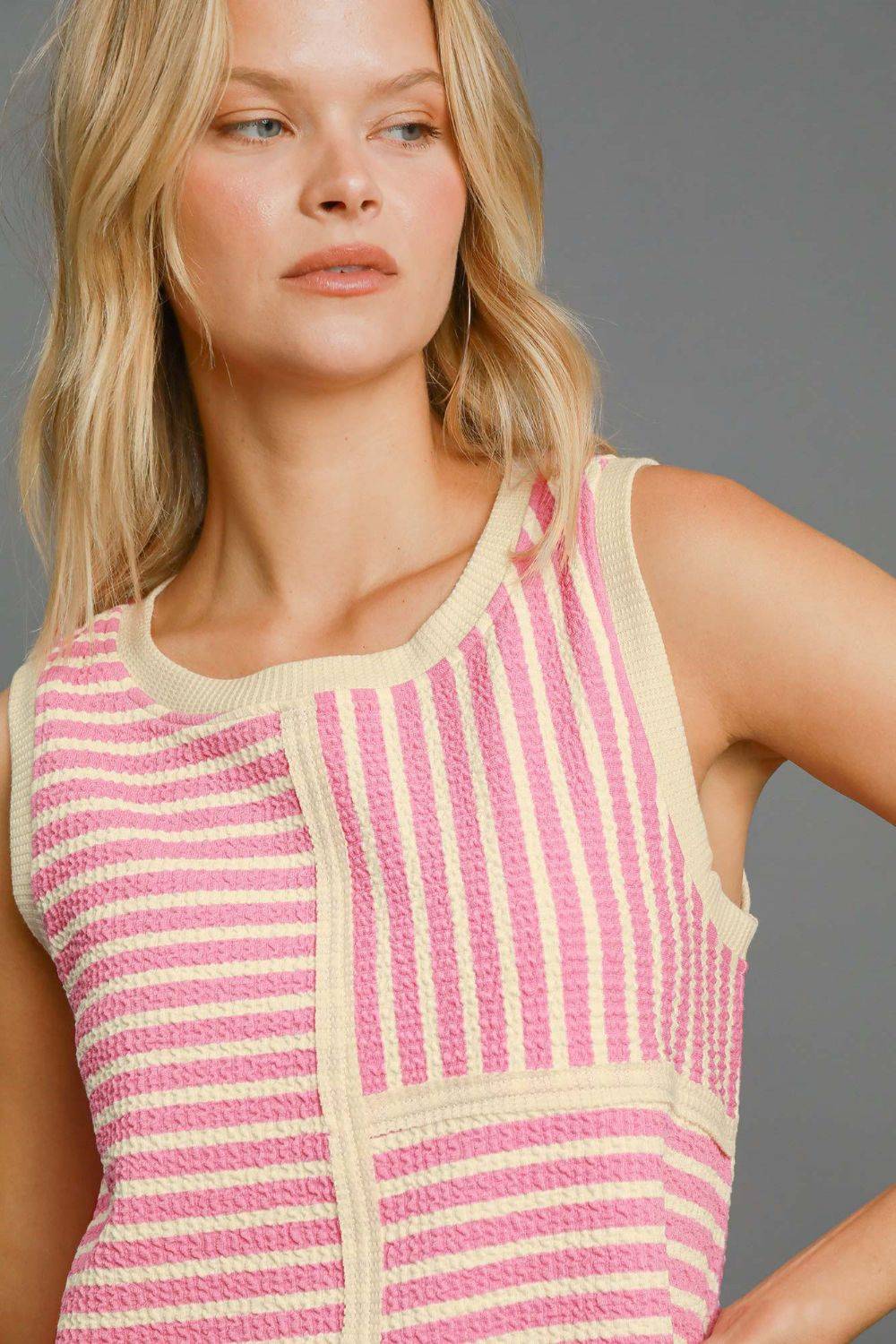Umgee Round Neck Texture Striped Tank - Clothes For Her Online Store