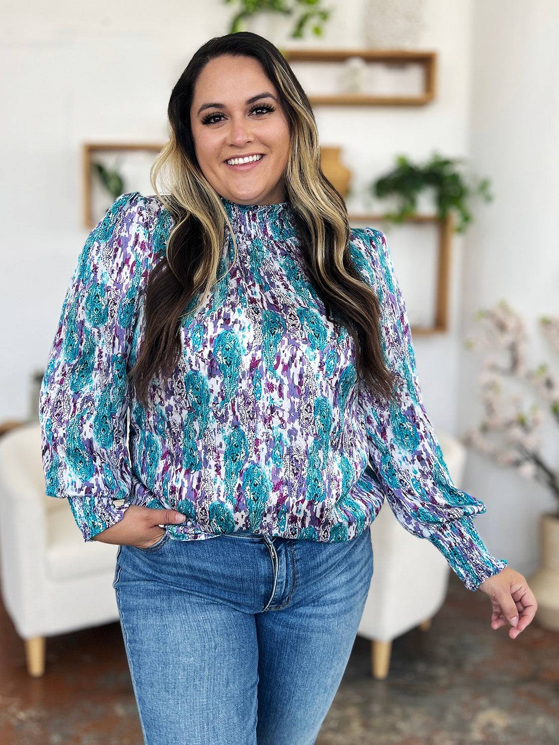 Double Take Full Size Printed Smocked Long Sleeve Blouse - Clothes For Her Online Store