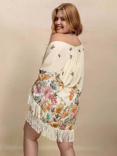 Plus Size Fringe Printed Open Front Cardigan