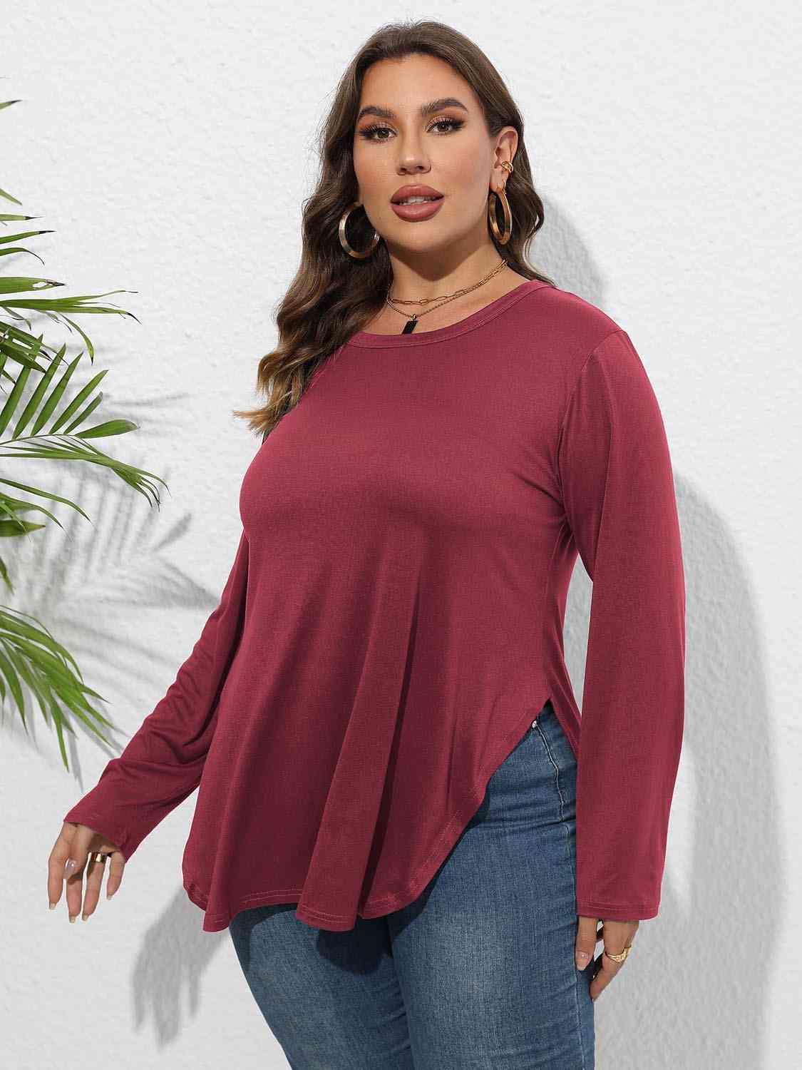 Plus Size Round Neck Long Sleeve Slit T-Shirt - Clothes For Her Online Store