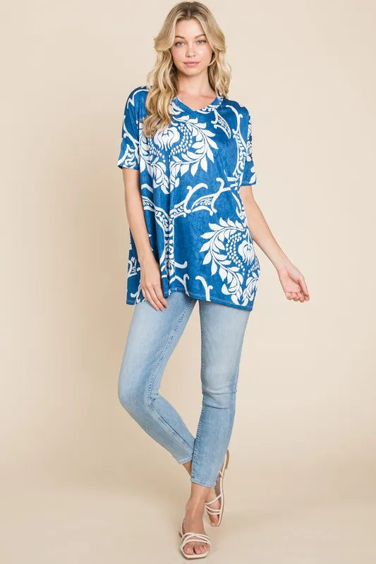 BOMBOM Printed Relaxed V-Neck Tunic Top
