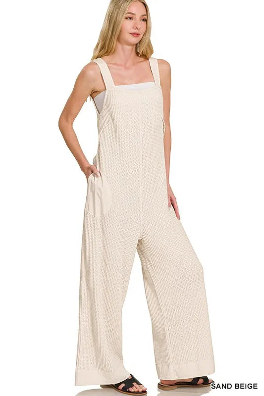 Zenana Knit Waffle Wide Leg Overalls