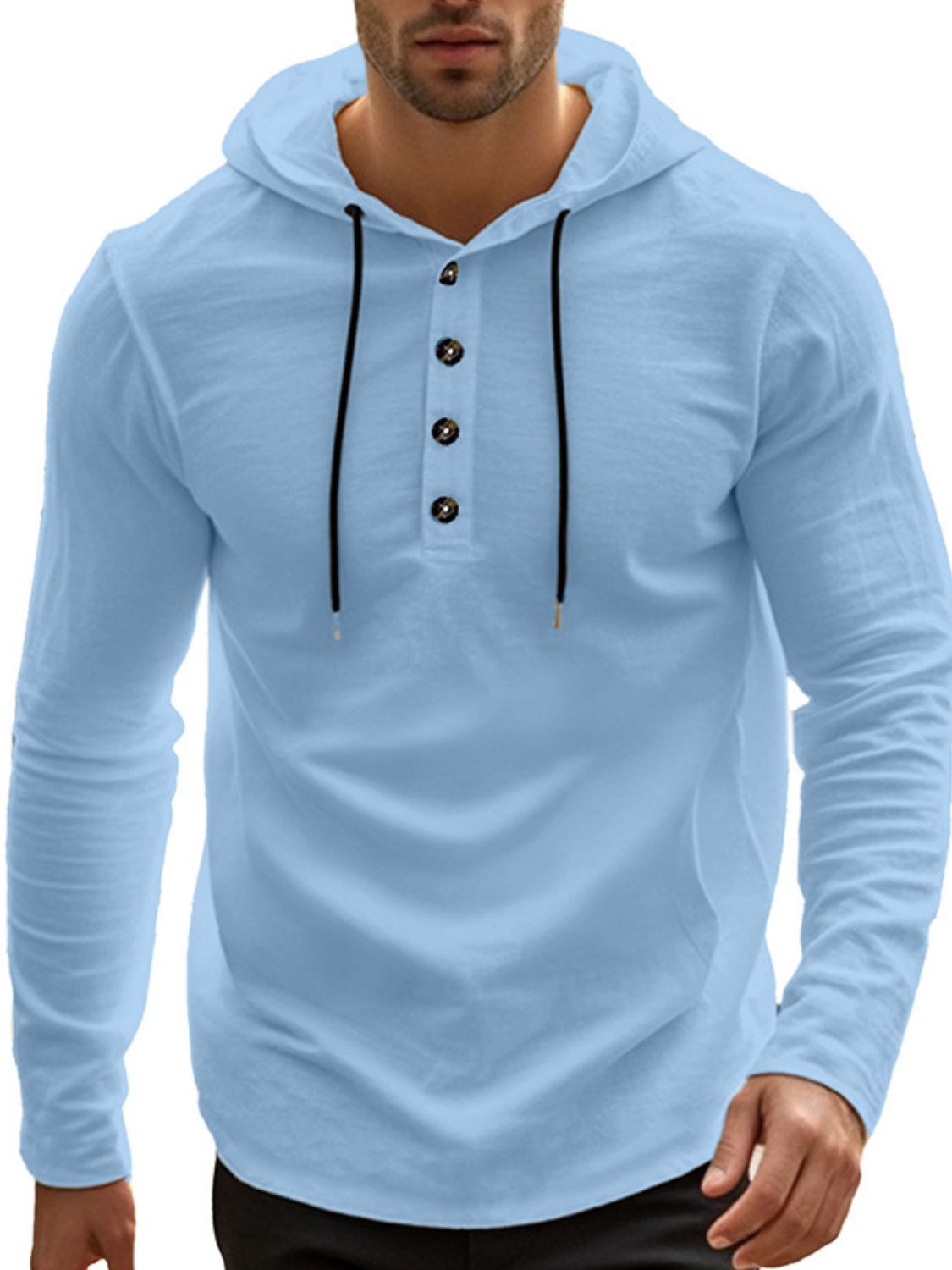 Men's Full Size Drawstring Button Detail Long Sleeve Hoodie Plus Size - Clothes For Her Online Store