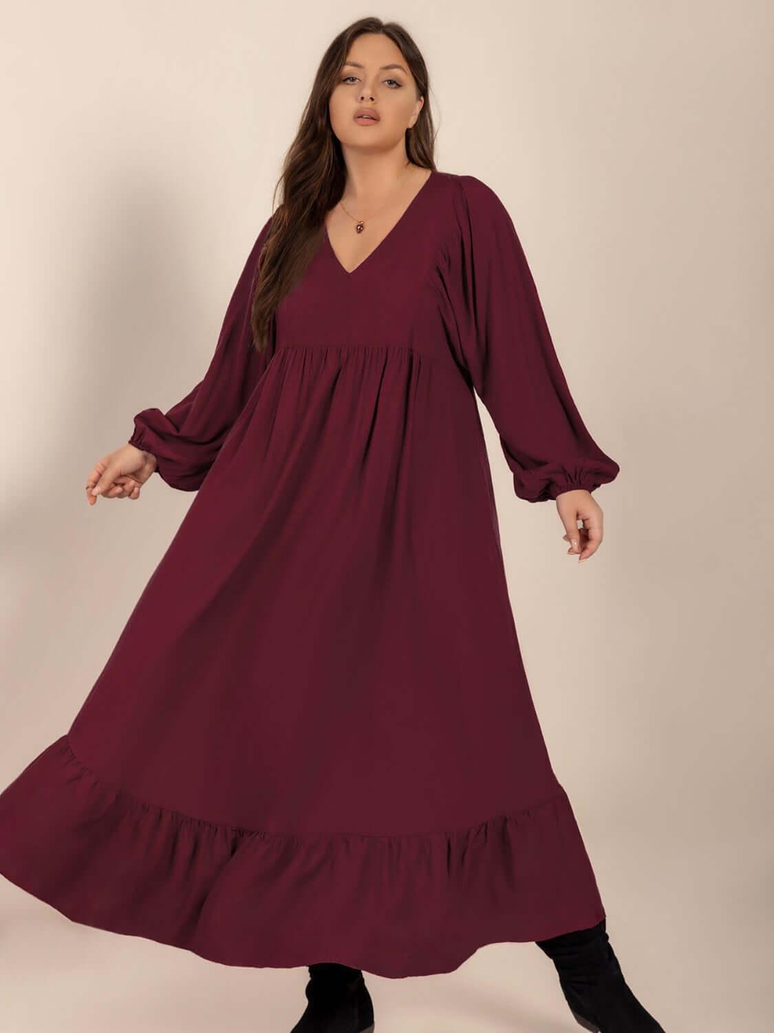 Plus Size Ruffled Hem V-Neck Balloon Sleeve Dress - Clothes For Her Online Store