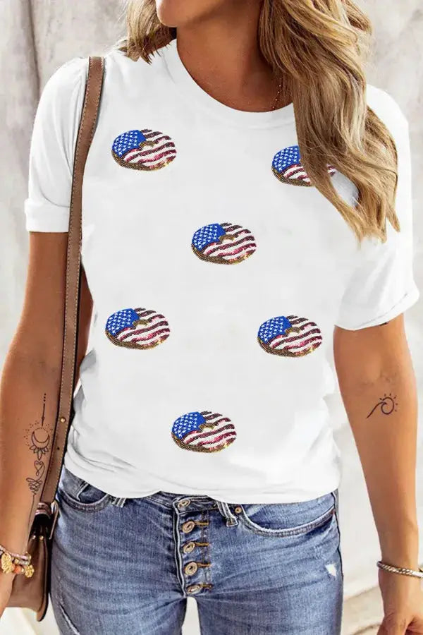 Sequined Flag Round Neck Short Sleeve T Shirt - Clothes For Her Online Store