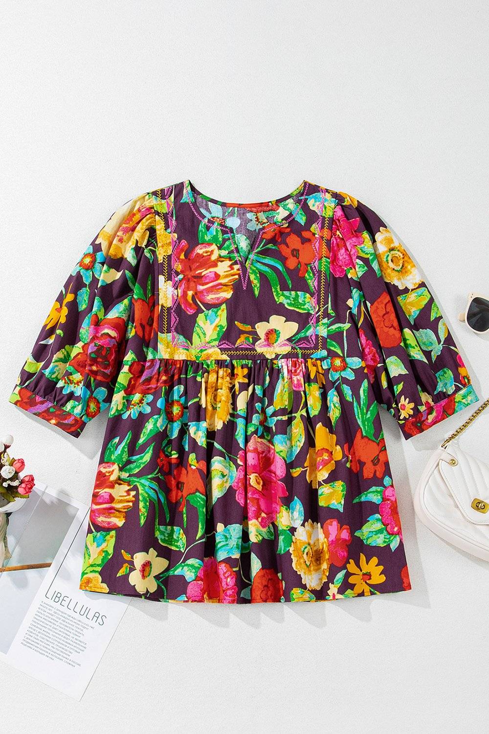 Flower Embroidered Trim Half Sleeve Blouse