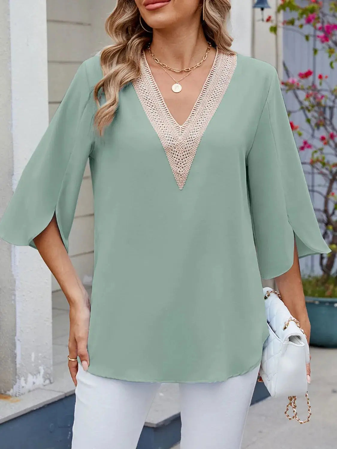 V-Neck 3/4 Sleeve Blouse - Clothes For Her Online Store