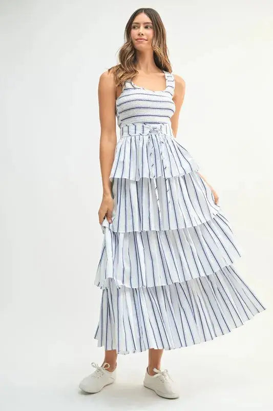 MABLE Pin Stripe Smocked Bodice Layered Midi Dress - Clothes For Her Online Store