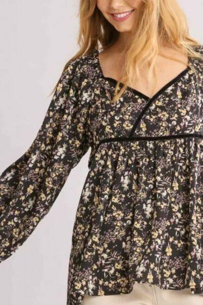 Umgee Full Size Floral Print Velvet Trimmed Balloon Sleeve Top Plus Size