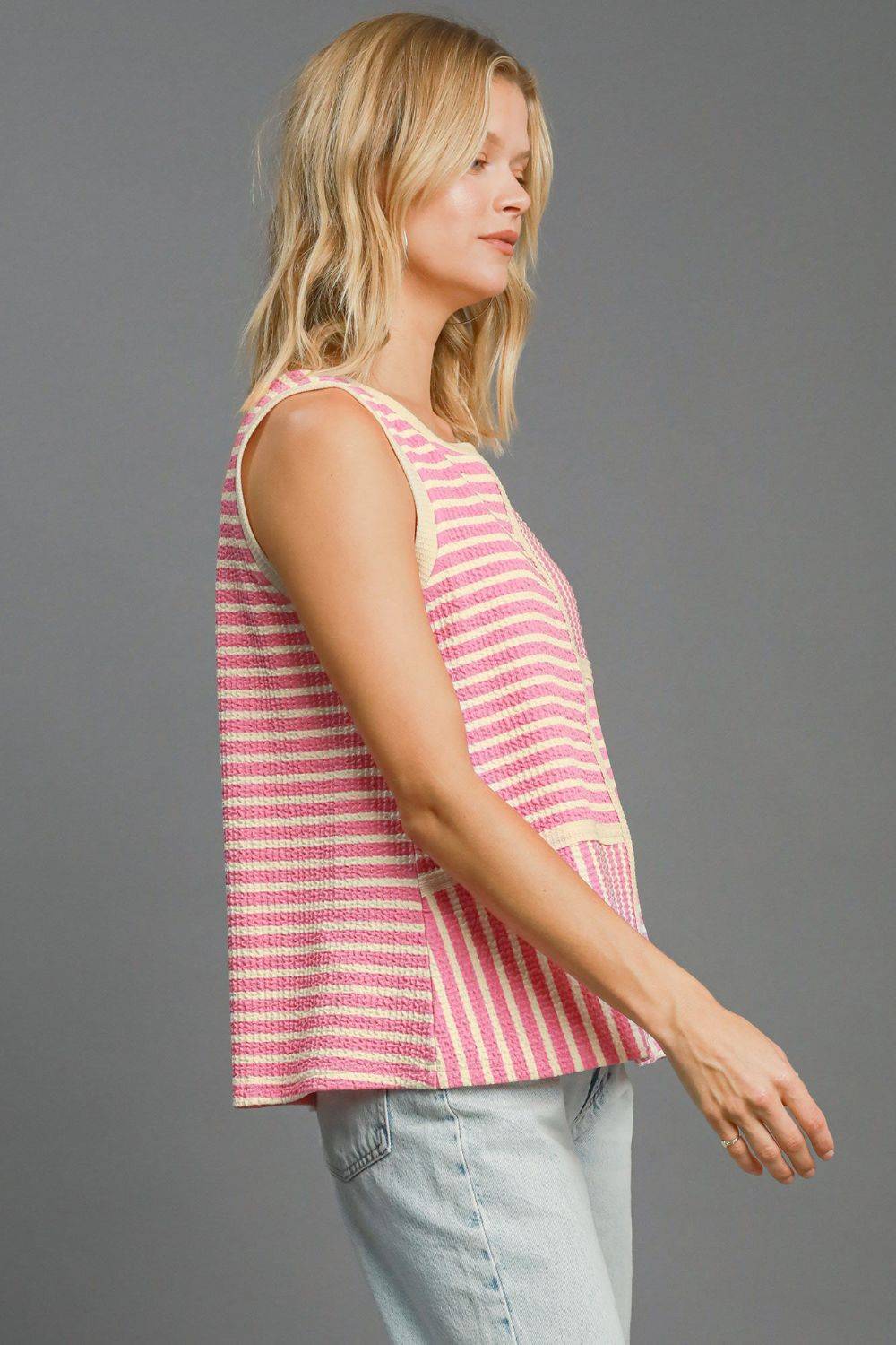 Umgee Round Neck Texture Striped Tank - Clothes For Her Online Store