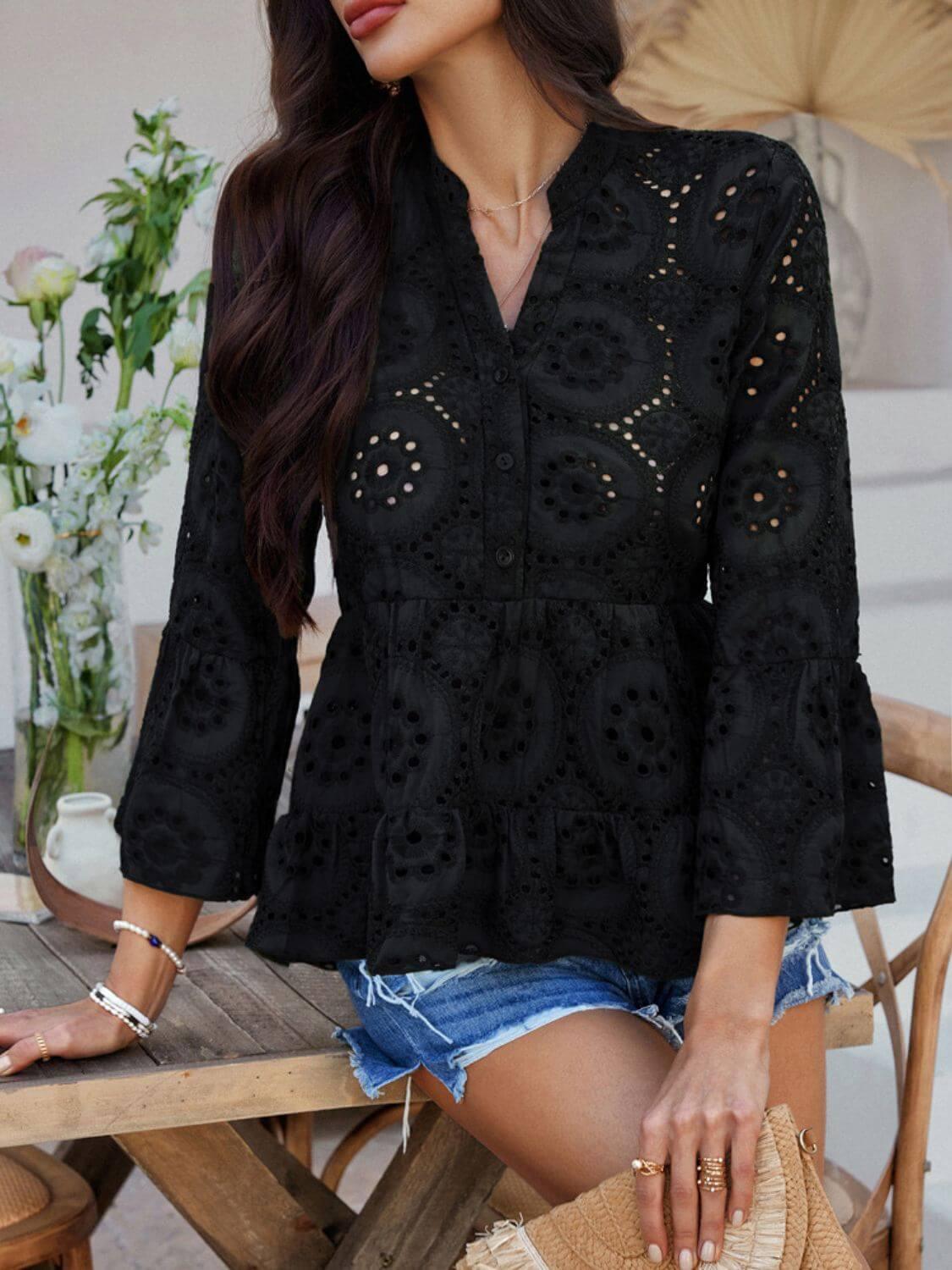 Devine Half Button Flounce Sleeve Peplum Blouse