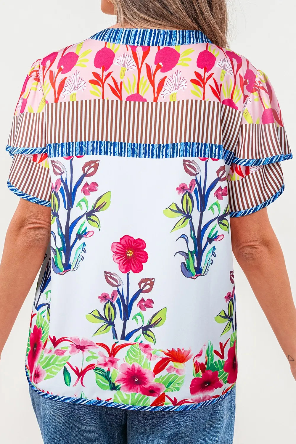 Floral Striped Patchwork Short Sleeve Split Neck Blouse