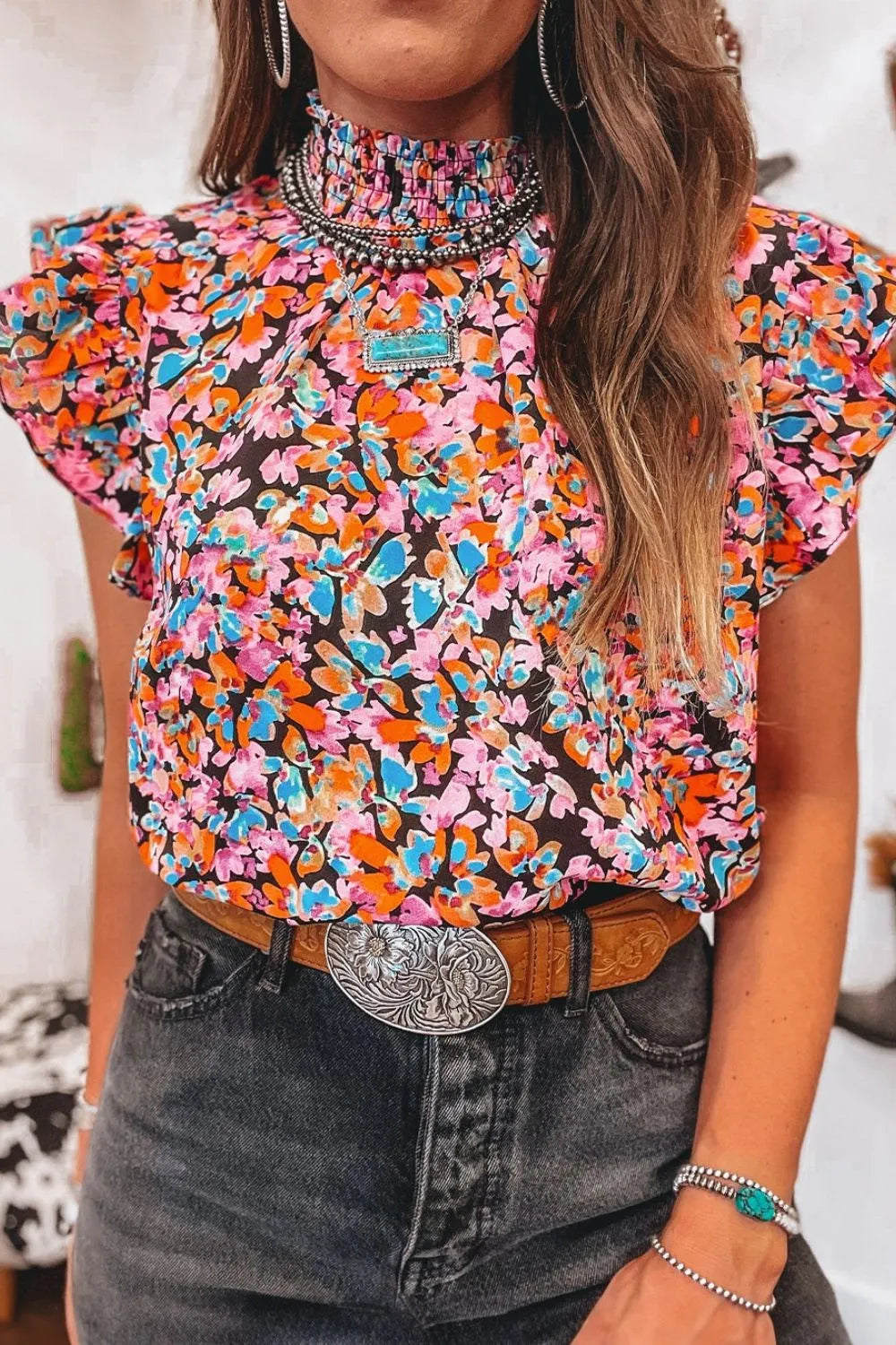 Floral Print Flutter Sleeve Blouse Top