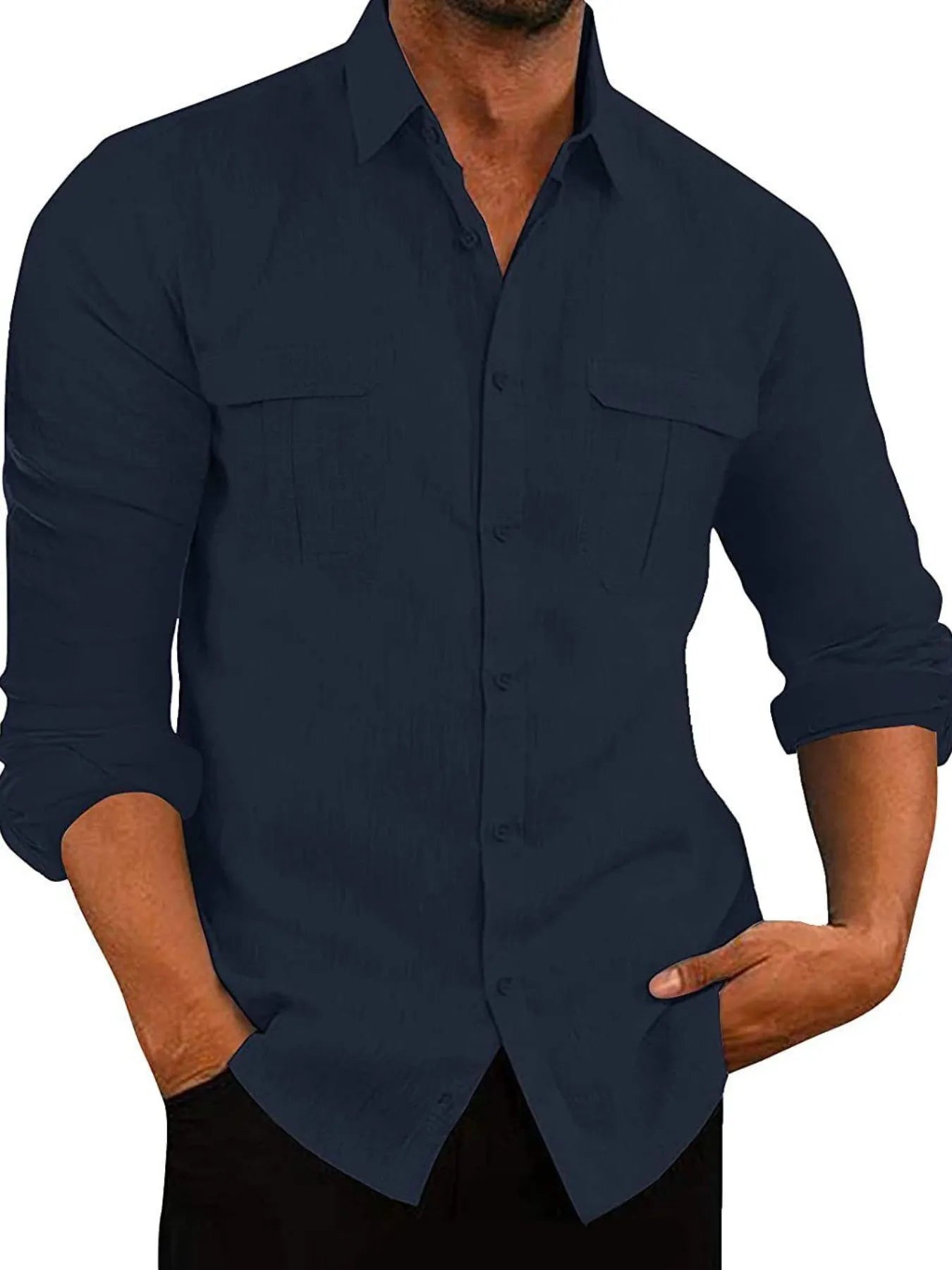 Men's Full Size Long Sleeve Button Down Shirt with Dual Chest Pockets Plus Size