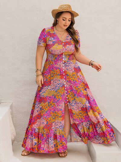 Plus Size Button Up Printed Short Sleeve Maxi Dress - Clothes For Her Online Store