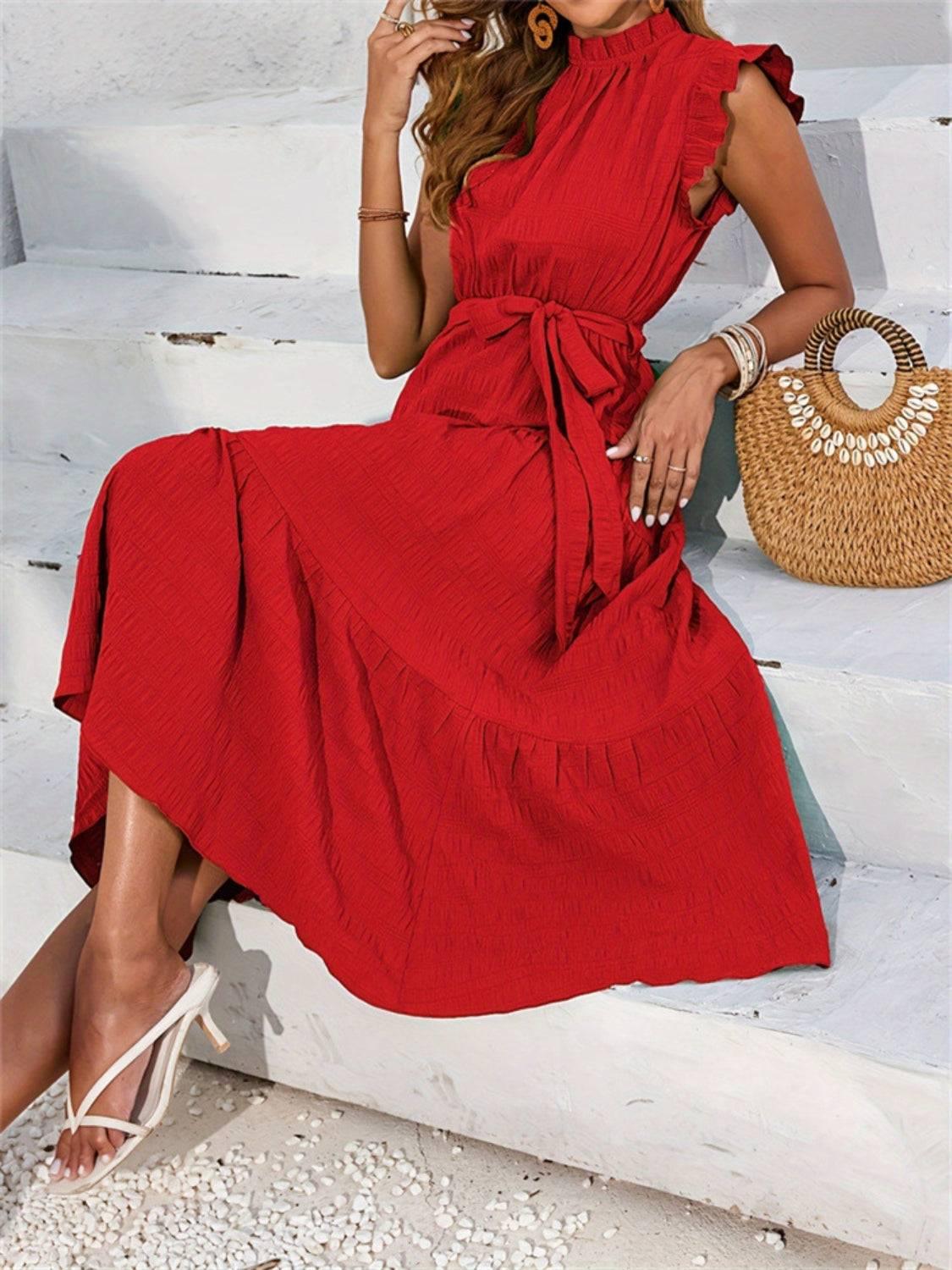 Frill Mock Neck Ruffled Cap Sleeve Midi Dress