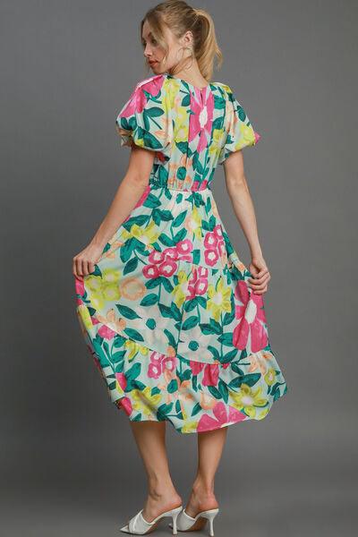 Umgee Full Size Tiered Floral Print Notched Puff Sleeve Midi Dress Plus Size - Clothes For Her Online Store