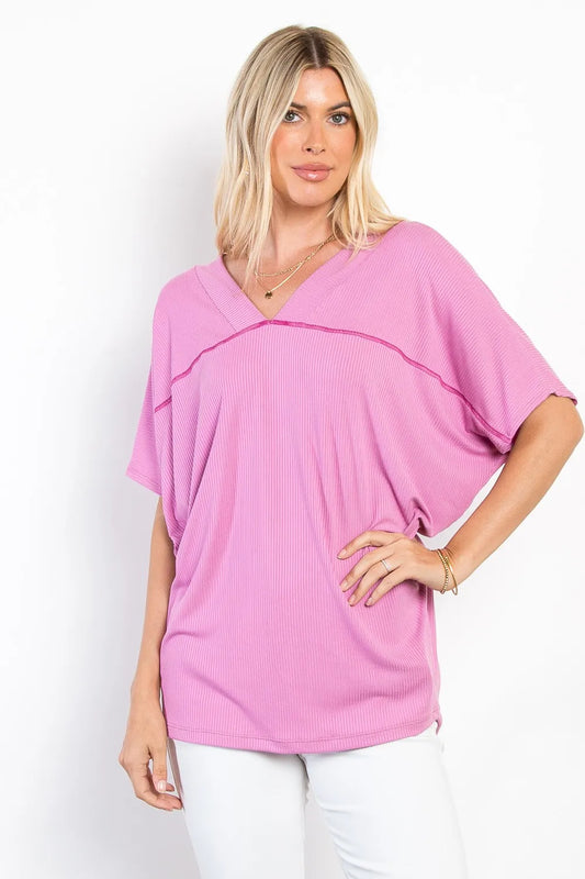 Be Stage Full Size V-Neck Short Sleeve Ribbed Top