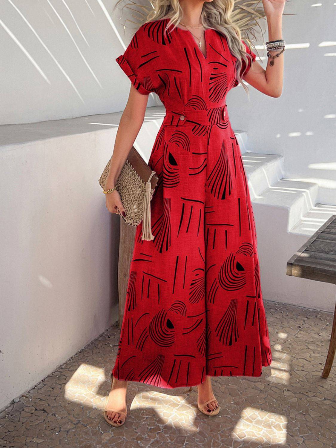 Devine Printed Notched Short Sleeve Wide Leg Jumpsuit