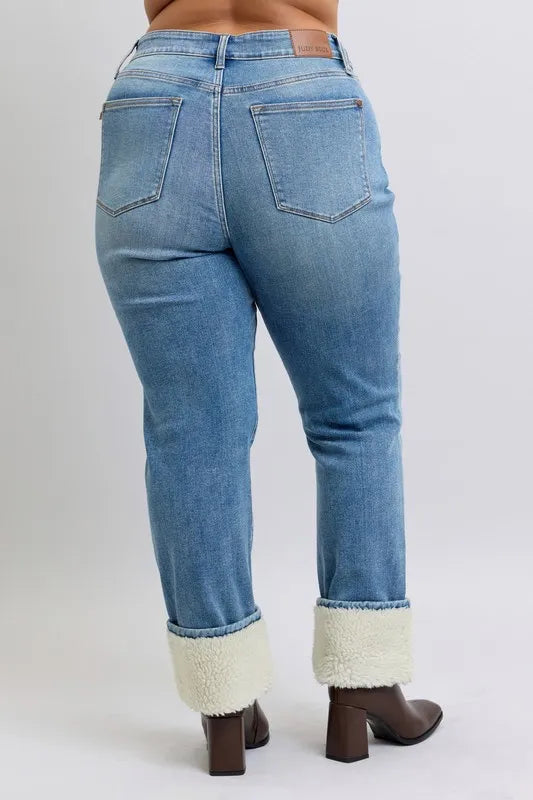 Judy Blue Full Size High Waist Shearling Cuff Straight Plus Size