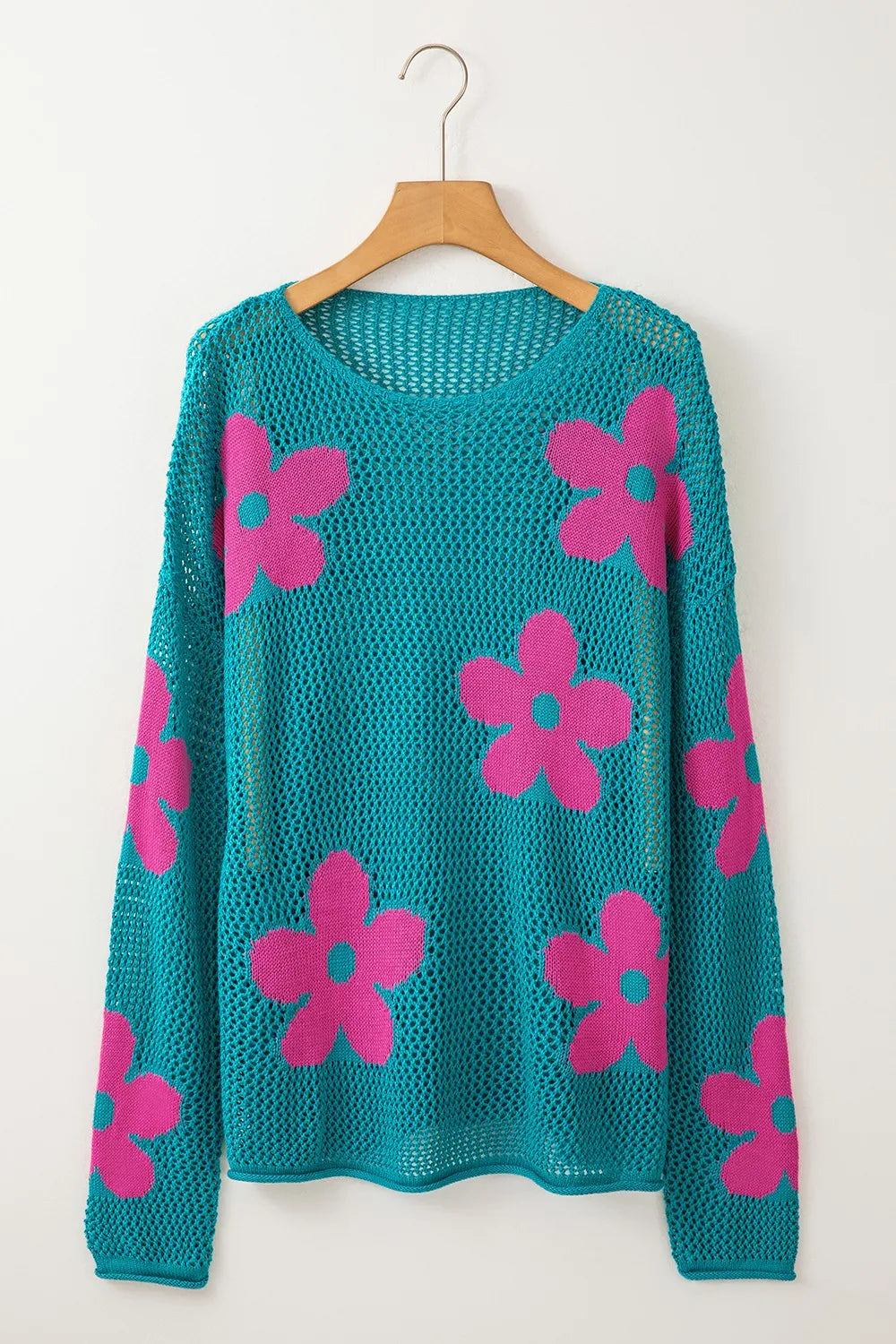 Openwork Round Neck Floral Knit Cover Up
