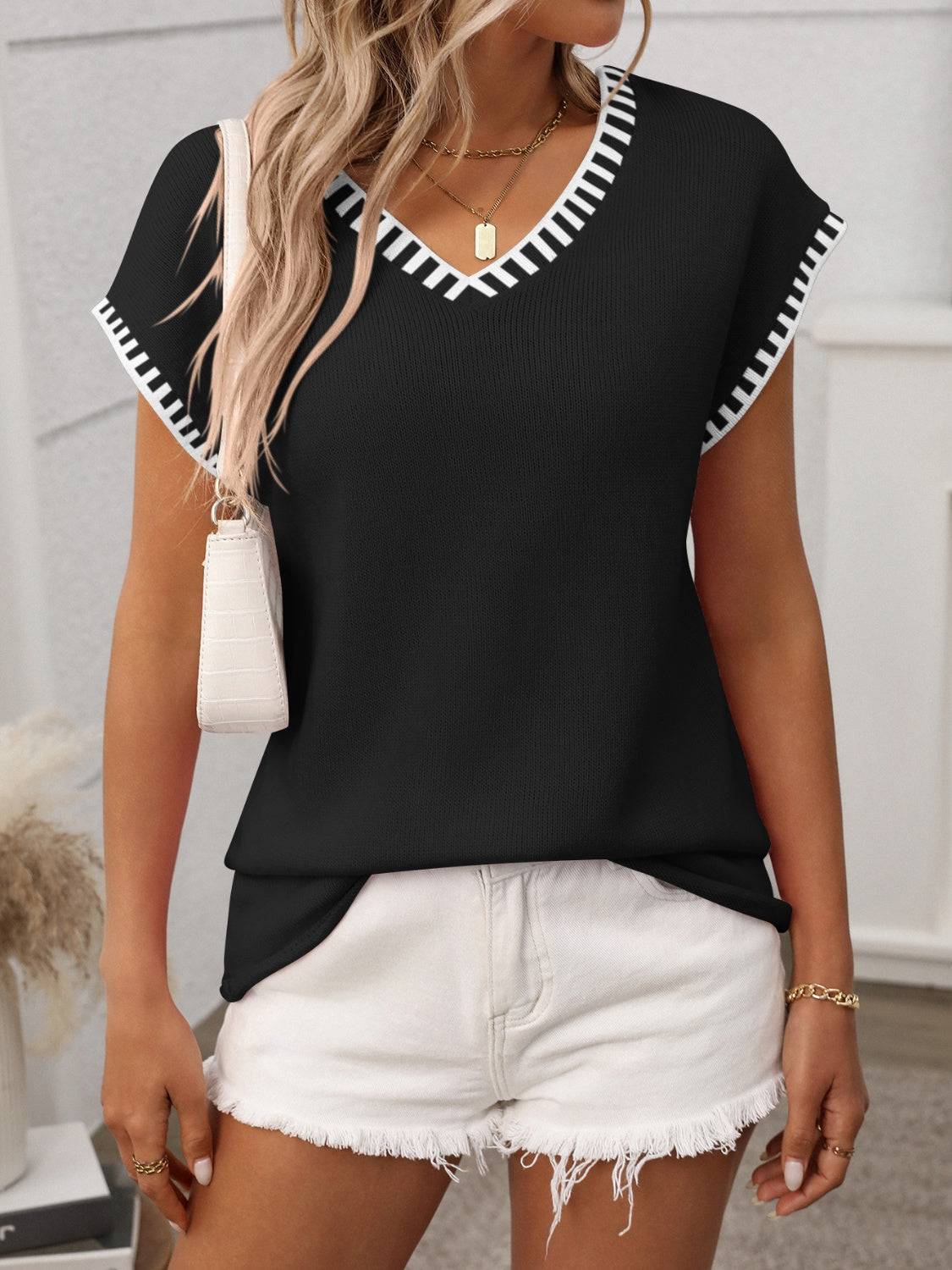 Contrast Trim V-Neck Short Sleeve Knit Top - Clothes For Her Online Store