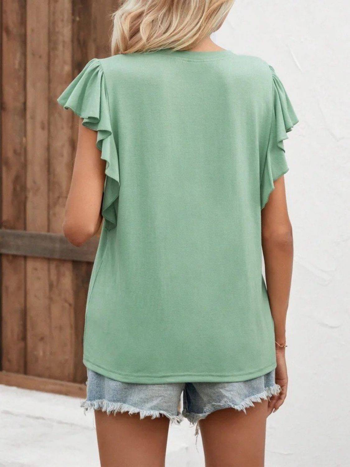 Full Size Ruffled Notched Cap Sleeve T-Shirt - Clothes For Her Online Store