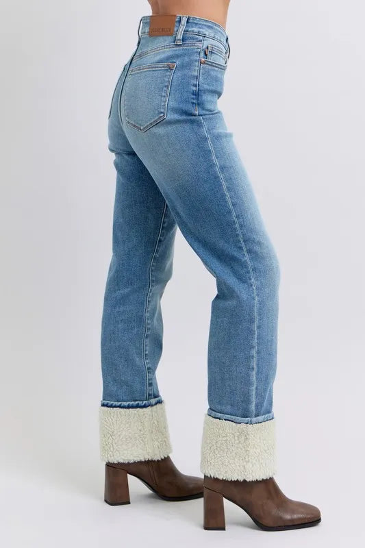 Judy Blue Full Size High Waist Shearling Cuff Straight Plus Size