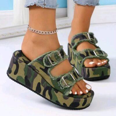 Raw Hem Wedge Buckle Sandals - Clothes For Her Online Store