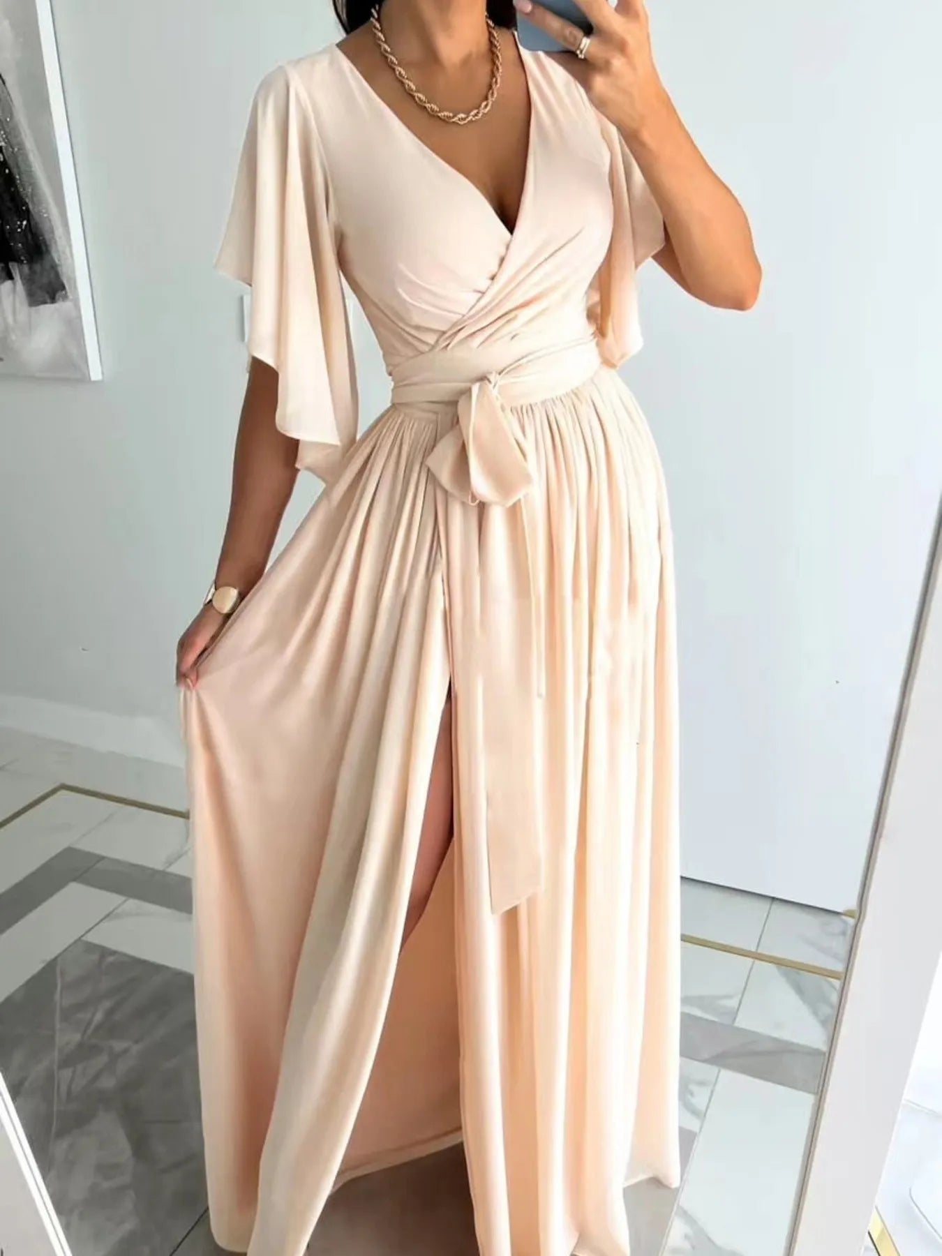Flutter Sleeve Surplice Tie Waist Dress