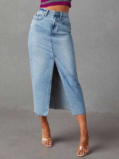 Raw Hem Front Slit Denim Midi Skirt