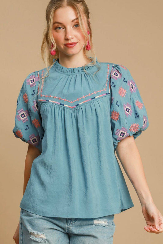 Umgee Full Size Embroidered Puff Sleeve Mock Neck Top Plus Size - Clothes For Her Online Store