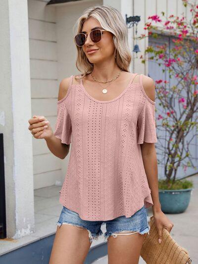 Florira Round Neck Cold Shoulder Eyelet T-Shirt