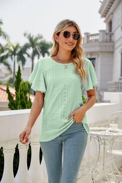 Mandy Eyelet Round Neck Flutter Sleeve Top