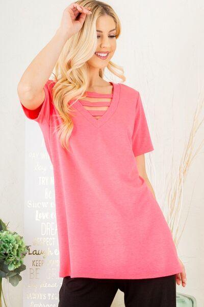 Heimish Full Size V-Neck Short Sleeve T-Shirt with Bar Detail Plus Size - Clothes For Her Online Store