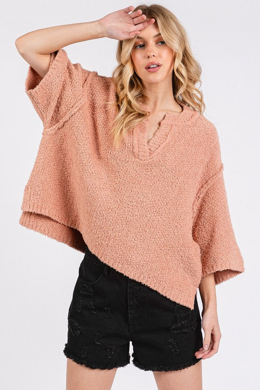 Mittoshop Side Slit Notched Drop Shoulder Sweater - Clothes For Her Online Store