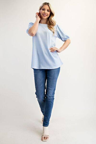 Celeste Full Size Gingham Print Top With Puff Sleeves Plus Size