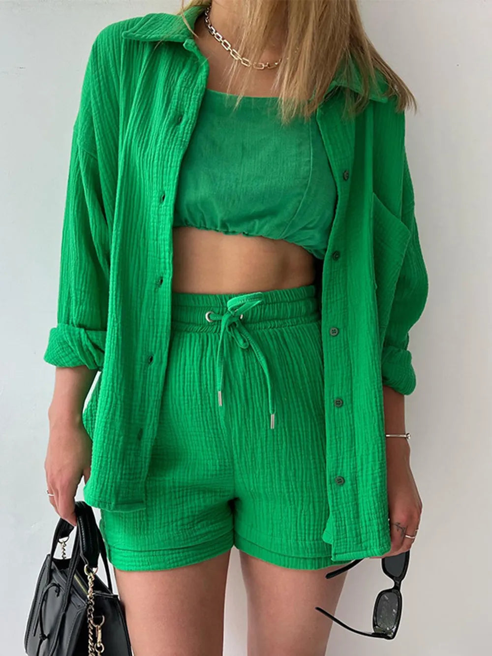 Texture Button Up Shirt and Drawstring Shorts Set - Clothes For Her Online Store