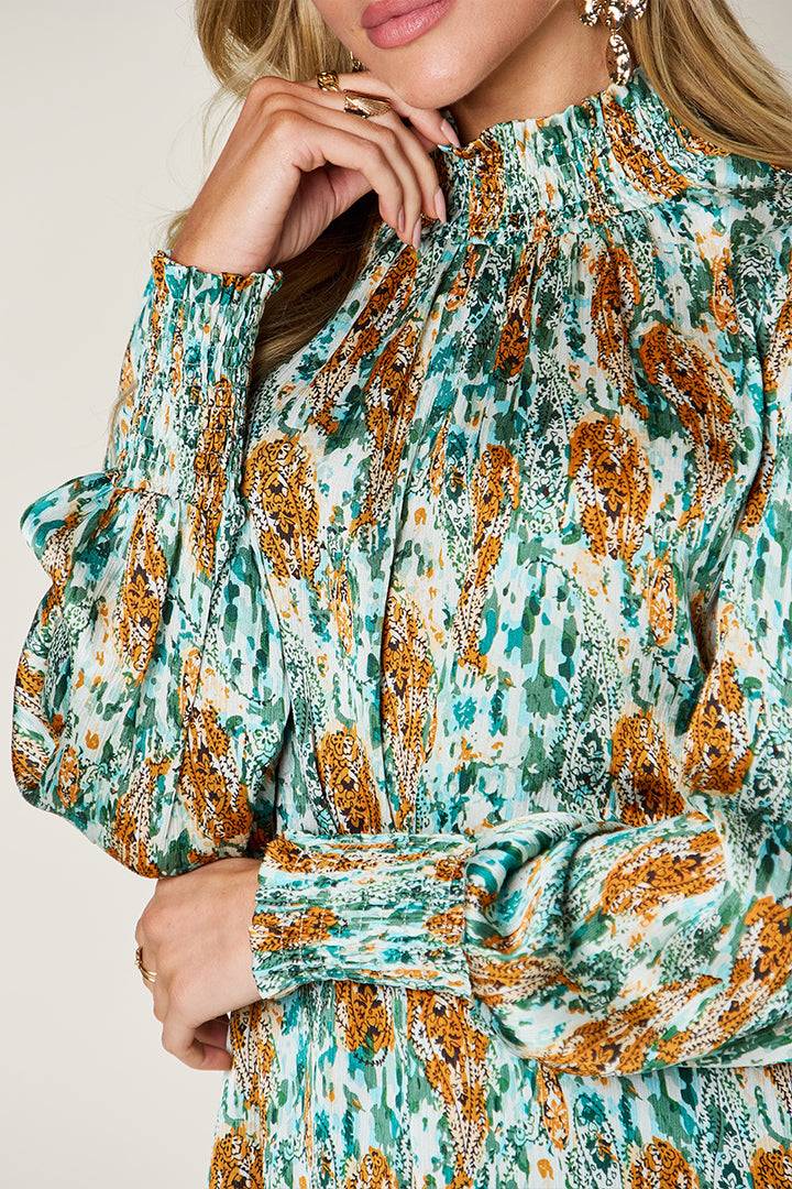 Double Take Full Size Printed Smocked Long Sleeve Blouse - Clothes For Her Online Store