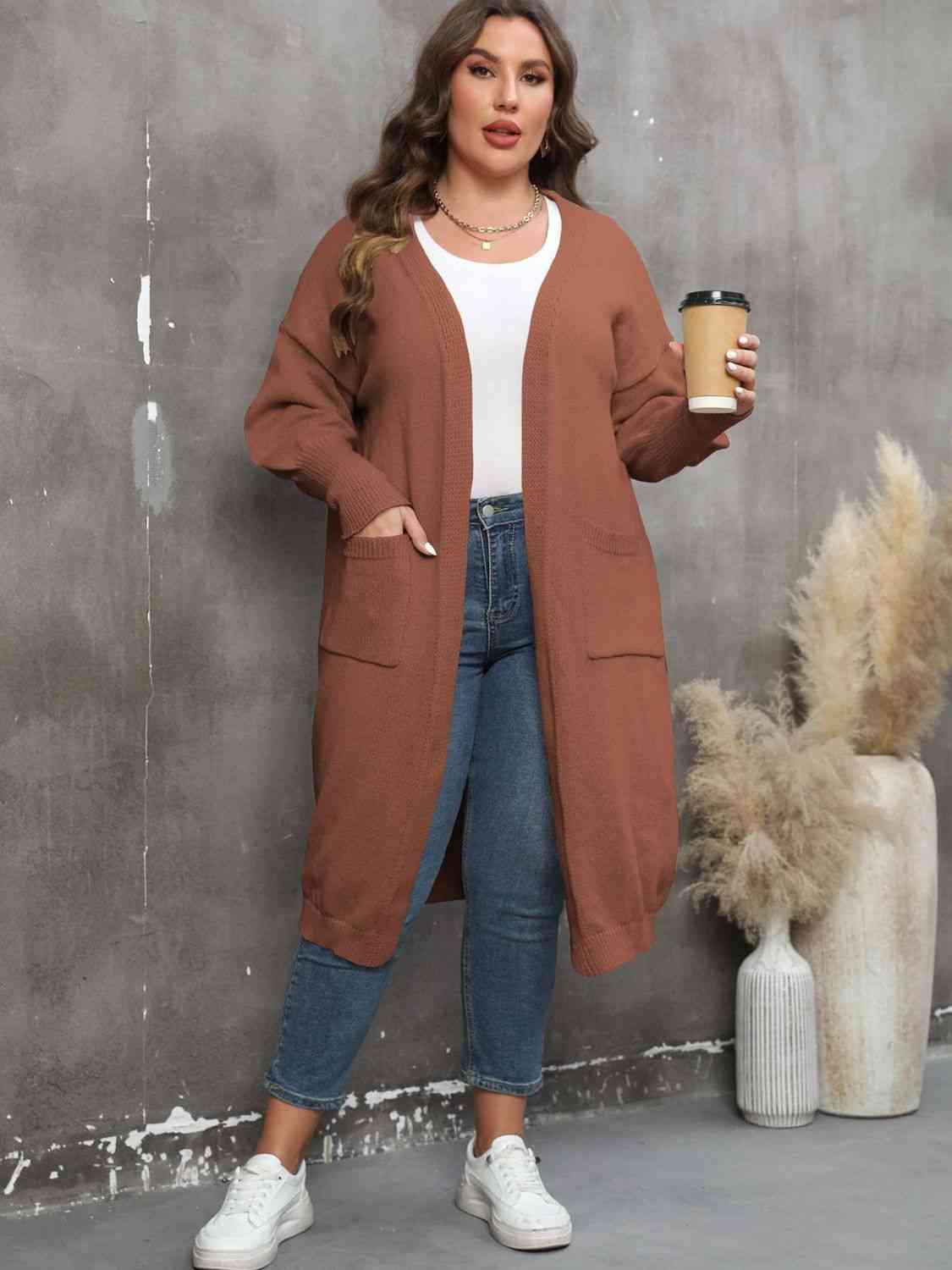 Plus Size Long Sleeve Pocketed Cardigan - Clothes For Her Online Store