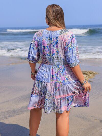 Plus Size Printed V-Neck Tiered Mini Dress - Clothes For Her Online Store