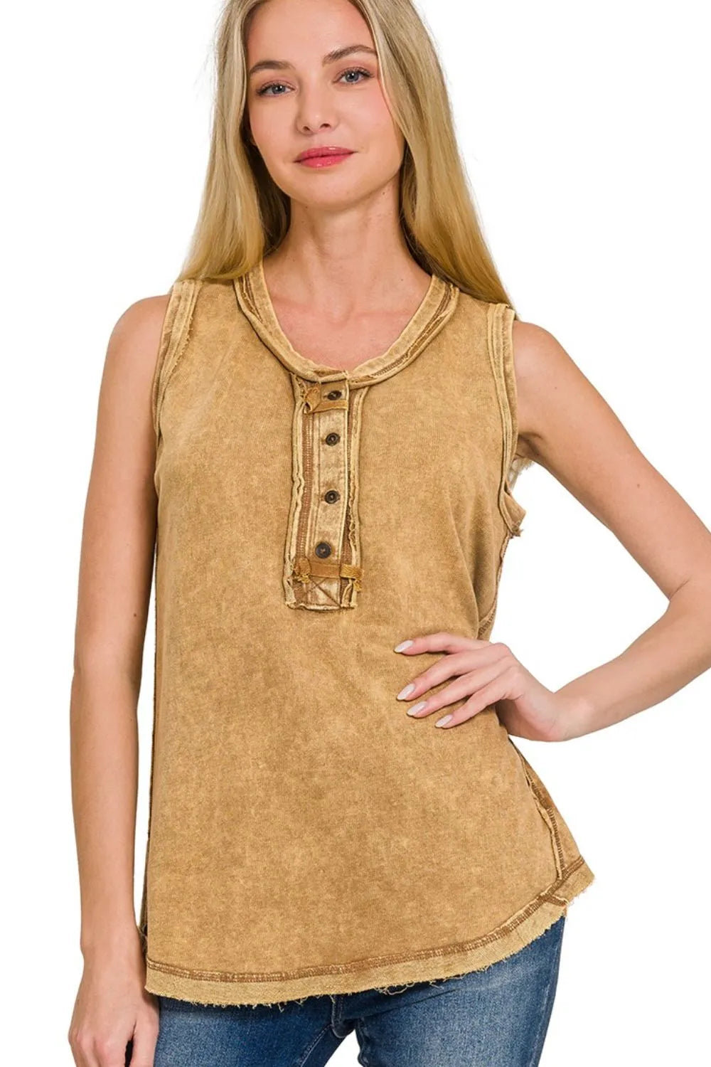 Zenana Washed Half-button Raw Edge Sleeveless Henley Top