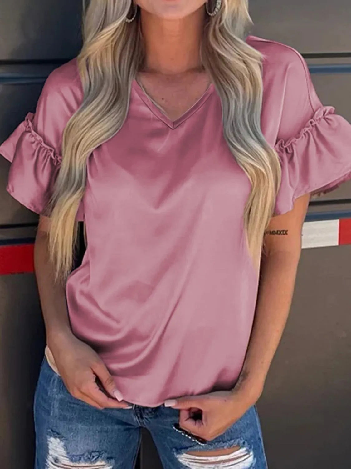 Toadstool Satin Ruffle Sleeve Top