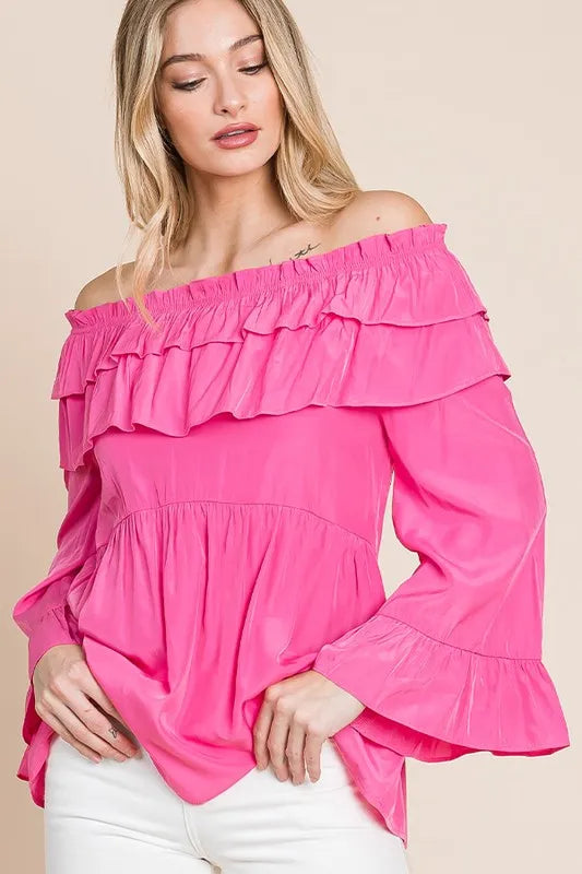 Lime 'N' Chili Ruffled Trumpet Sleeve Off-The-Shoulder Top