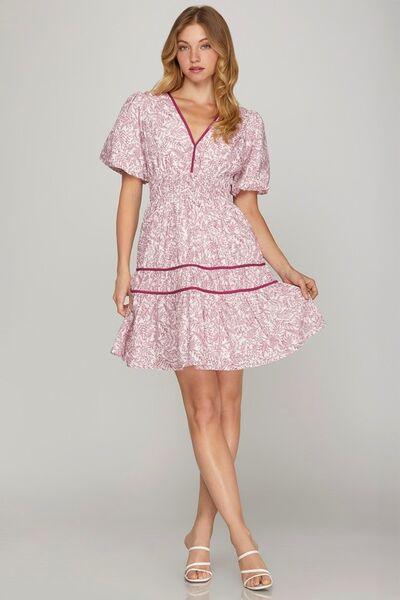 She + Sky Full Size Printed V-Neck Puff Sleeve Tiered Dress Plus Size - Clothes For Her Online Store
