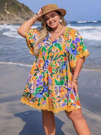 Plus Size Lace Detail Printed Tie Neck Half Sleeve Dress - Clothes For Her Online Store